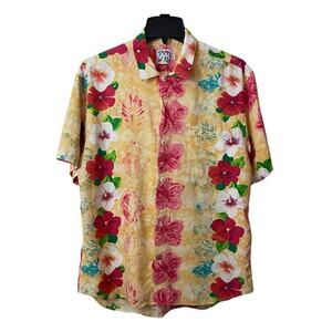 Vintage Jams World Hawaiian Shirt Mens Large Yellow Floral Rayon Button Up Camp